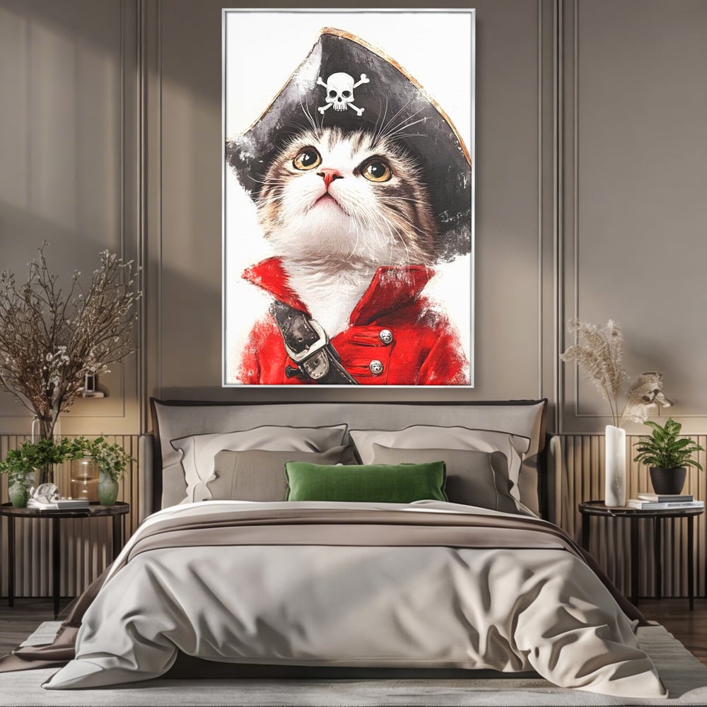 Leinwand Wandbild Leinwand Premium, LuxCanva® M1233, Kleines Piratenkätzchen, Kapitän, Hut, Abenteuer, Reise, Katze, Pirat, Piratenschiff, Anzug, Kindheit, Büro, Wohnen, Wohnzimmer, Babyzimmer