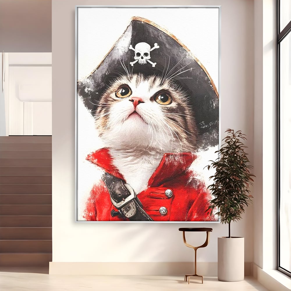 Leinwand Wandbild Leinwand Premium, LuxCanva® M1233, Kleines Piratenkätzchen, Kapitän, Hut, Abenteuer, Reise, Katze, Pirat, Piratenschiff, Anzug, Kindheit, Büro, Wohnen, Wohnzimmer, Babyzimmer