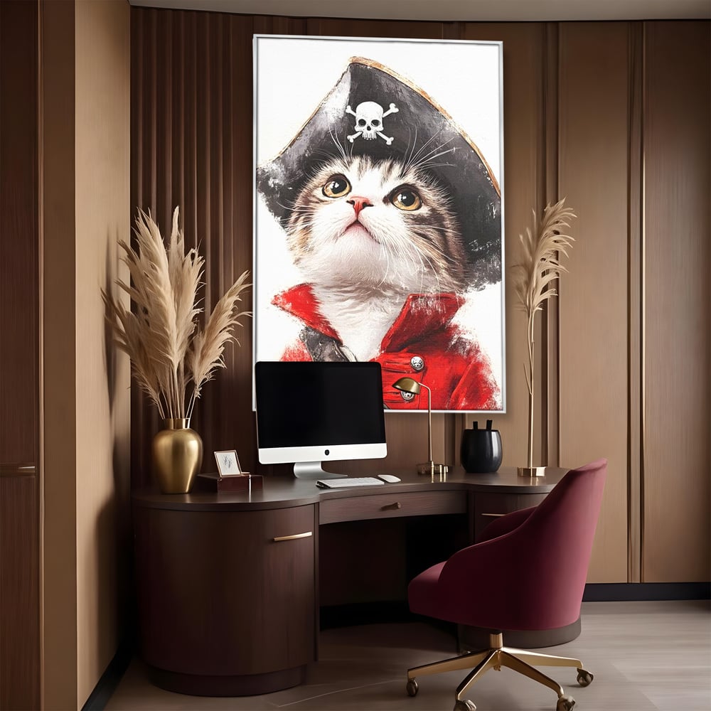 Leinwand Wandbild Leinwand Premium, LuxCanva® M1233, Kleines Piratenkätzchen, Kapitän, Hut, Abenteuer, Reise, Katze, Pirat, Piratenschiff, Anzug, Kindheit, Büro, Wohnen, Wohnzimmer, Babyzimmer