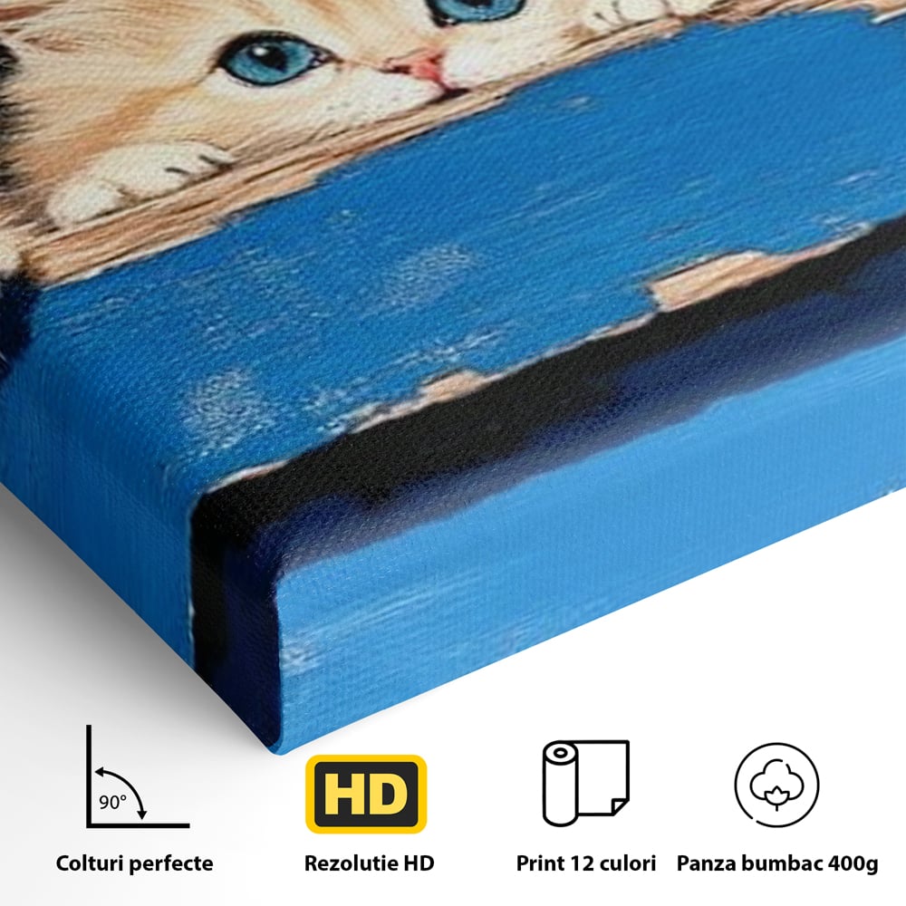 Tablou Canvas Premium, LuxCanva® M1234, Un Trio Curios, Pufosenii, Adorabil, Pisici, Curiozitate, Fratiori, Joaca, Copilarie, Blanosi, Lemn, Albastru, Birou, Living, Camera Copil