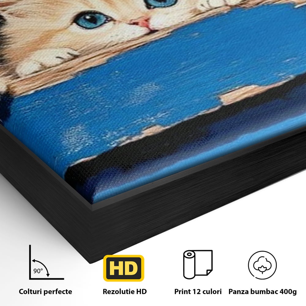 Tablou Canvas Premium, LuxCanva® M1234, Un Trio Curios, Pufosenii, Adorabil, Pisici, Curiozitate, Fratiori, Joaca, Copilarie, Blanosi, Lemn, Albastru, Birou, Living, Camera Copil