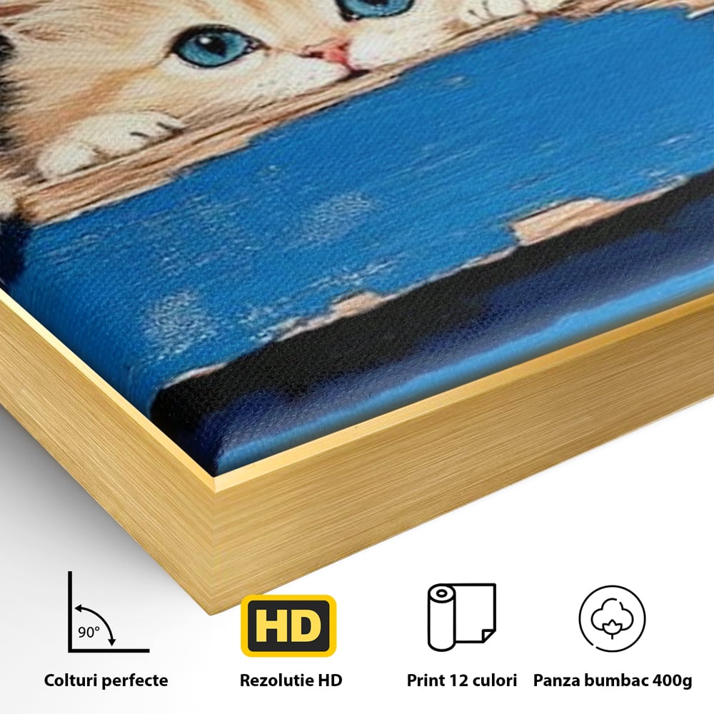 Tablou Canvas Premium, LuxCanva® M1234, Un Trio Curios, Pufosenii, Adorabil, Pisici, Curiozitate, Fratiori, Joaca, Copilarie, Blanosi, Lemn, Albastru, Birou, Living, Camera Copil