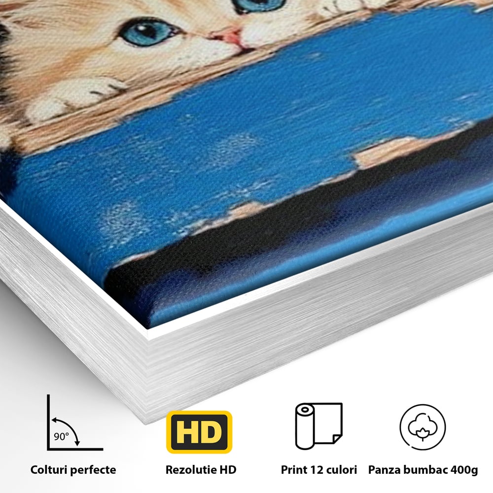 Tablou Canvas Premium, LuxCanva® M1234, Un Trio Curios, Pufosenii, Adorabil, Pisici, Curiozitate, Fratiori, Joaca, Copilarie, Blanosi, Lemn, Albastru, Birou, Living, Camera Copil