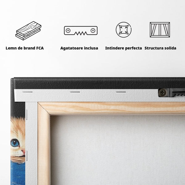Tablou Canvas Premium, LuxCanva® M1234, Un Trio Curios, Pufosenii, Adorabil, Pisici, Curiozitate, Fratiori, Joaca, Copilarie, Blanosi, Lemn, Albastru, Birou, Living, Camera Copil