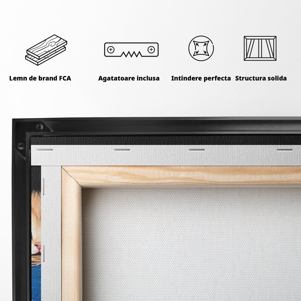 Tablou Canvas Premium, LuxCanva® M1234, Un Trio Curios, Pufosenii, Adorabil, Pisici, Curiozitate, Fratiori, Joaca, Copilarie, Blanosi, Lemn, Albastru, Birou, Living, Camera Copil