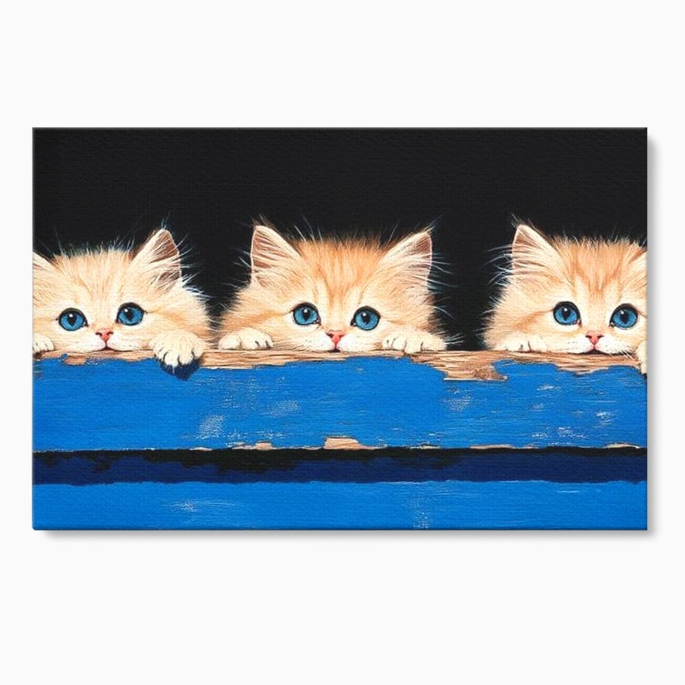 Tablou Canvas Premium, LuxCanva® M1234, Un Trio Curios, Pufosenii, Adorabil, Pisici, Curiozitate, Fratiori, Joaca, Copilarie, Blanosi, Lemn, Albastru, Birou, Living, Camera Copil
