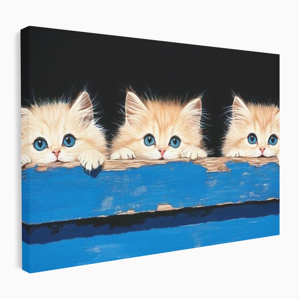 Tablou Canvas Premium, LuxCanva® M1234, Un Trio Curios, Pufosenii, Adorabil, Pisici, Curiozitate, Fratiori, Joaca, Copilarie, Blanosi, Lemn, Albastru, Birou, Living, Camera Copil
