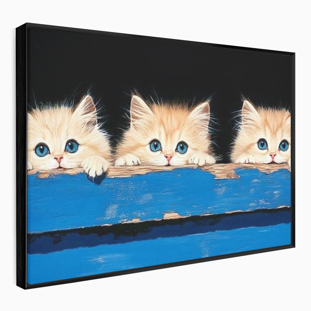 Tablou Canvas Premium, LuxCanva® M1234, Un Trio Curios, Pufosenii, Adorabil, Pisici, Curiozitate, Fratiori, Joaca, Copilarie, Blanosi, Lemn, Albastru, Birou, Living, Camera Copil
