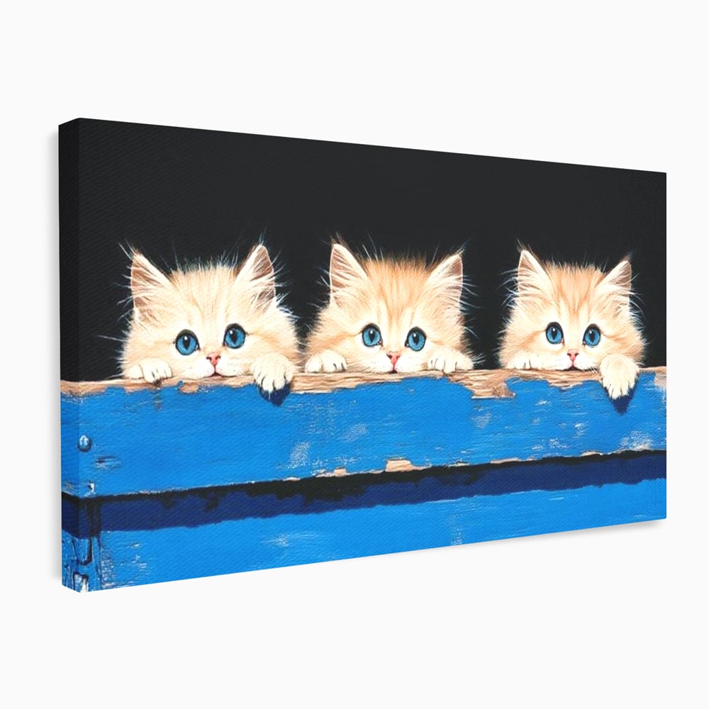 Tablou Canvas Premium, LuxCanva® M1234, Un Trio Curios, Pufosenii, Adorabil, Pisici, Curiozitate, Fratiori, Joaca, Copilarie, Blanosi, Lemn, Albastru, Birou, Living, Camera Copil