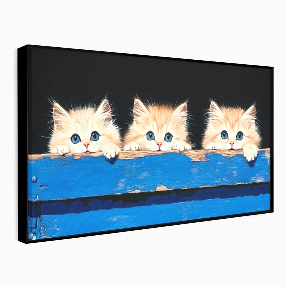 Tablou Canvas Premium, LuxCanva® M1234, Un Trio Curios, Pufosenii, Adorabil, Pisici, Curiozitate, Fratiori, Joaca, Copilarie, Blanosi, Lemn, Albastru, Birou, Living, Camera Copil