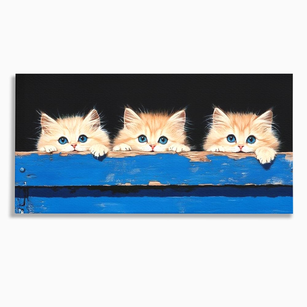 Tablou Canvas Premium, LuxCanva® M1234, Un Trio Curios, Pufosenii, Adorabil, Pisici, Curiozitate, Fratiori, Joaca, Copilarie, Blanosi, Lemn, Albastru, Birou, Living, Camera Copil