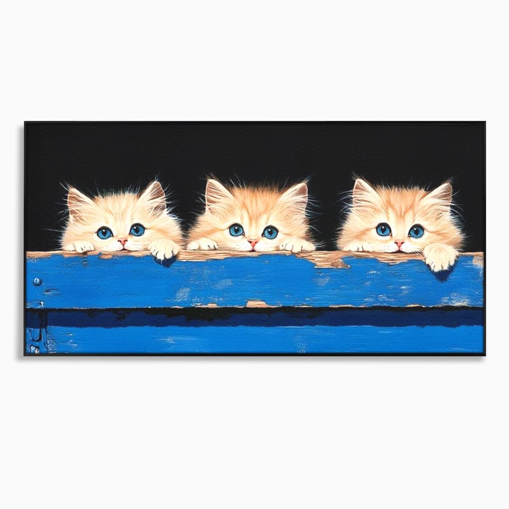 Tablou Canvas Premium, LuxCanva® M1234, Un Trio Curios, Pufosenii, Adorabil, Pisici, Curiozitate, Fratiori, Joaca, Copilarie, Blanosi, Lemn, Albastru, Birou, Living, Camera Copil