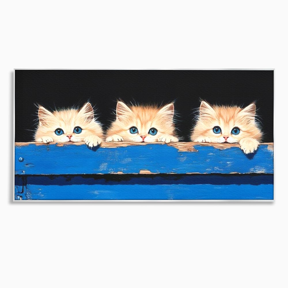 Tablou Canvas Premium, LuxCanva® M1234, Un Trio Curios, Pufosenii, Adorabil, Pisici, Curiozitate, Fratiori, Joaca, Copilarie, Blanosi, Lemn, Albastru, Birou, Living, Camera Copil
