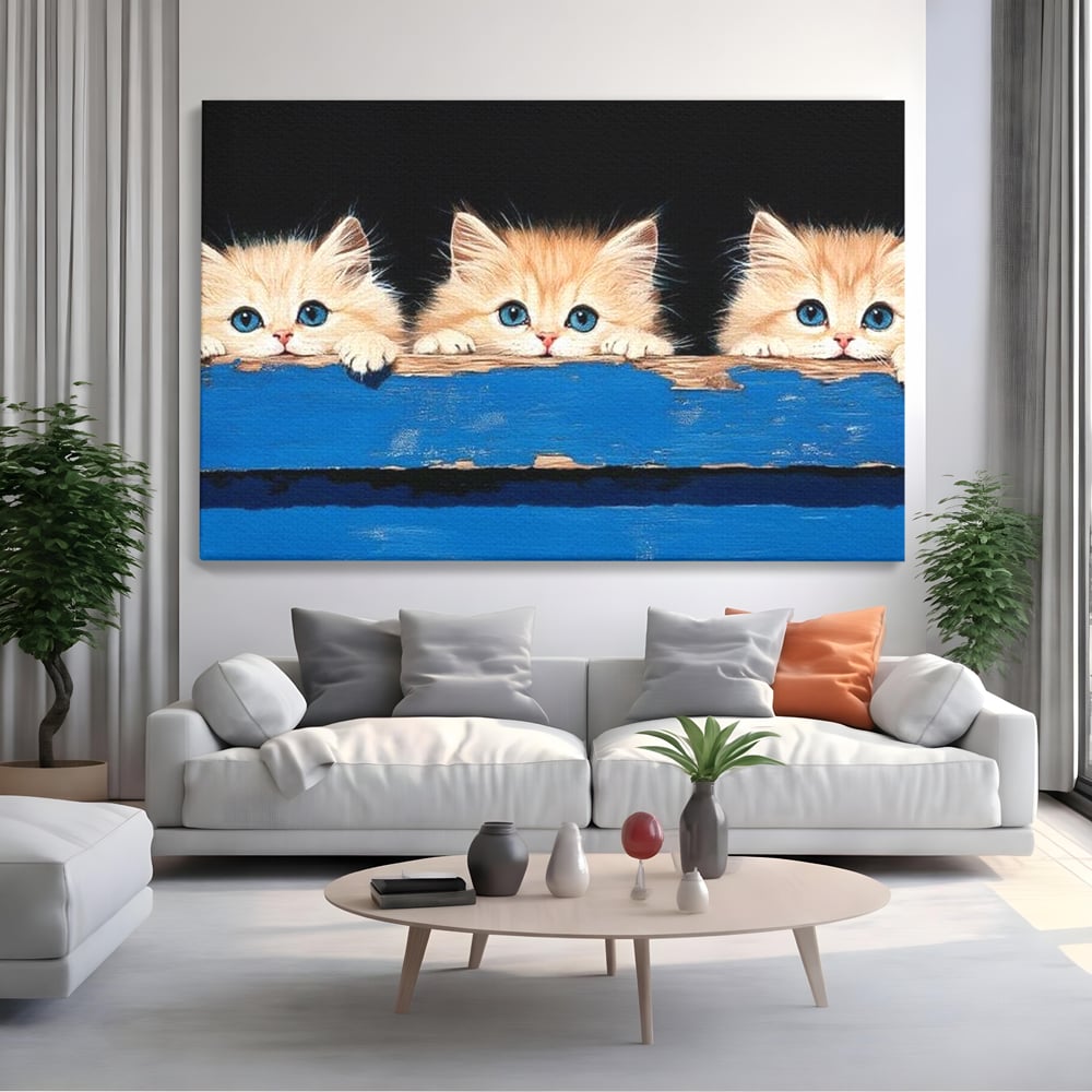Tablou Canvas Premium, LuxCanva® M1234, Un Trio Curios, Pufosenii, Adorabil, Pisici, Curiozitate, Fratiori, Joaca, Copilarie, Blanosi, Lemn, Albastru, Birou, Living, Camera Copil