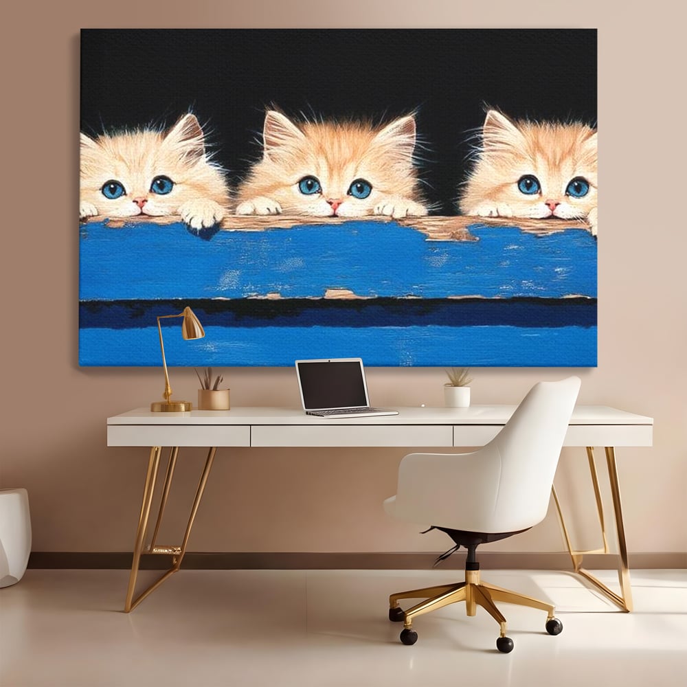 Tablou Canvas Premium, LuxCanva® M1234, Un Trio Curios, Pufosenii, Adorabil, Pisici, Curiozitate, Fratiori, Joaca, Copilarie, Blanosi, Lemn, Albastru, Birou, Living, Camera Copil