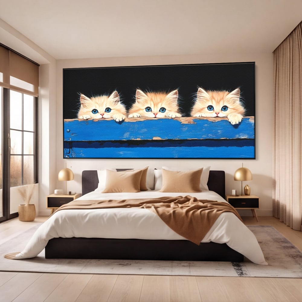 Tablou Canvas Premium, LuxCanva® M1234, Un Trio Curios, Pufosenii, Adorabil, Pisici, Curiozitate, Fratiori, Joaca, Copilarie, Blanosi, Lemn, Albastru, Birou, Living, Camera Copil