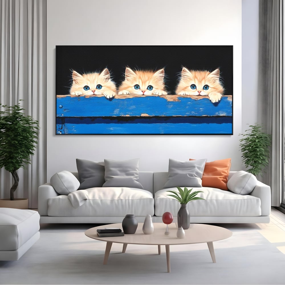 Tablou Canvas Premium, LuxCanva® M1234, Un Trio Curios, Pufosenii, Adorabil, Pisici, Curiozitate, Fratiori, Joaca, Copilarie, Blanosi, Lemn, Albastru, Birou, Living, Camera Copil