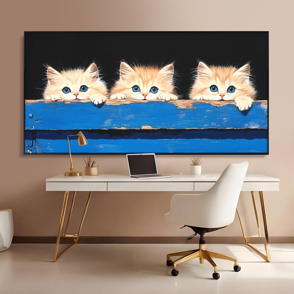 Tablou Canvas Premium, LuxCanva® M1234, Un Trio Curios, Pufosenii, Adorabil, Pisici, Curiozitate, Fratiori, Joaca, Copilarie, Blanosi, Lemn, Albastru, Birou, Living, Camera Copil
