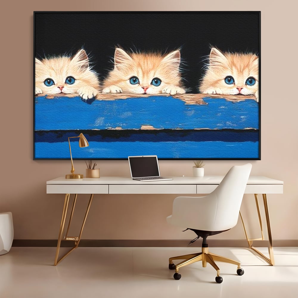 Tablou Canvas Premium, LuxCanva® M1234, Un Trio Curios, Pufosenii, Adorabil, Pisici, Curiozitate, Fratiori, Joaca, Copilarie, Blanosi, Lemn, Albastru, Birou, Living, Camera Copil