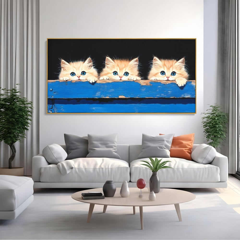 Tablou Canvas Premium, LuxCanva® M1234, Un Trio Curios, Pufosenii, Adorabil, Pisici, Curiozitate, Fratiori, Joaca, Copilarie, Blanosi, Lemn, Albastru, Birou, Living, Camera Copil