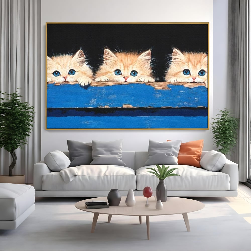 Tablou Canvas Premium, LuxCanva® M1234, Un Trio Curios, Pufosenii, Adorabil, Pisici, Curiozitate, Fratiori, Joaca, Copilarie, Blanosi, Lemn, Albastru, Birou, Living, Camera Copil