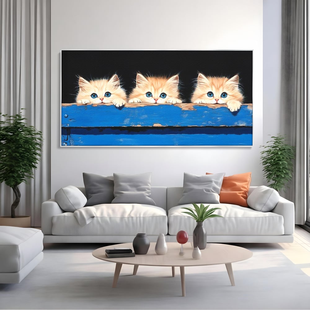 Tablou Canvas Premium, LuxCanva® M1234, Un Trio Curios, Pufosenii, Adorabil, Pisici, Curiozitate, Fratiori, Joaca, Copilarie, Blanosi, Lemn, Albastru, Birou, Living, Camera Copil
