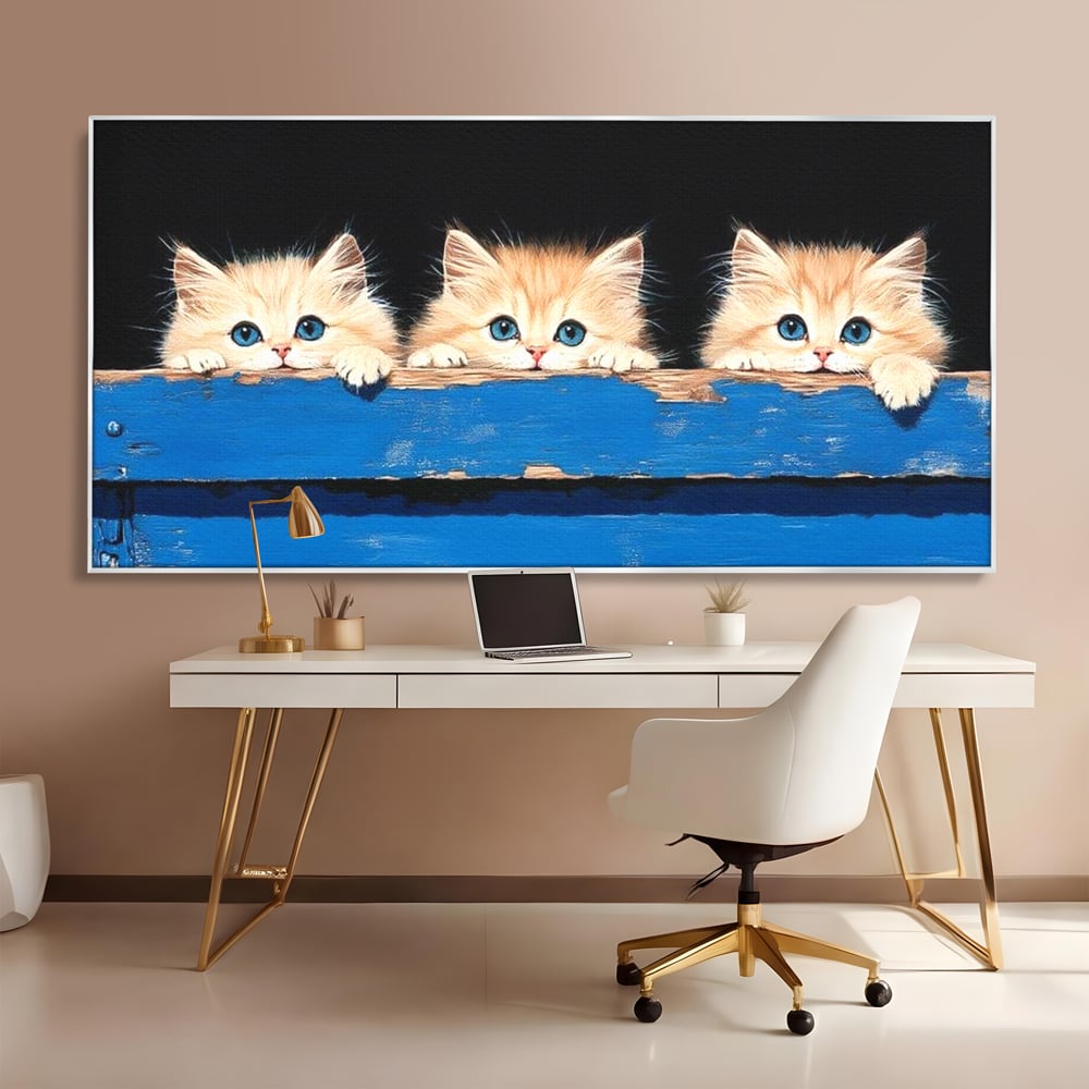 Tablou Canvas Premium, LuxCanva® M1234, Un Trio Curios, Pufosenii, Adorabil, Pisici, Curiozitate, Fratiori, Joaca, Copilarie, Blanosi, Lemn, Albastru, Birou, Living, Camera Copil