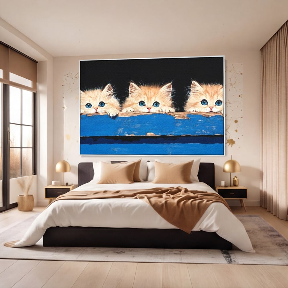 Tablou Canvas Premium, LuxCanva® M1234, Un Trio Curios, Pufosenii, Adorabil, Pisici, Curiozitate, Fratiori, Joaca, Copilarie, Blanosi, Lemn, Albastru, Birou, Living, Camera Copil