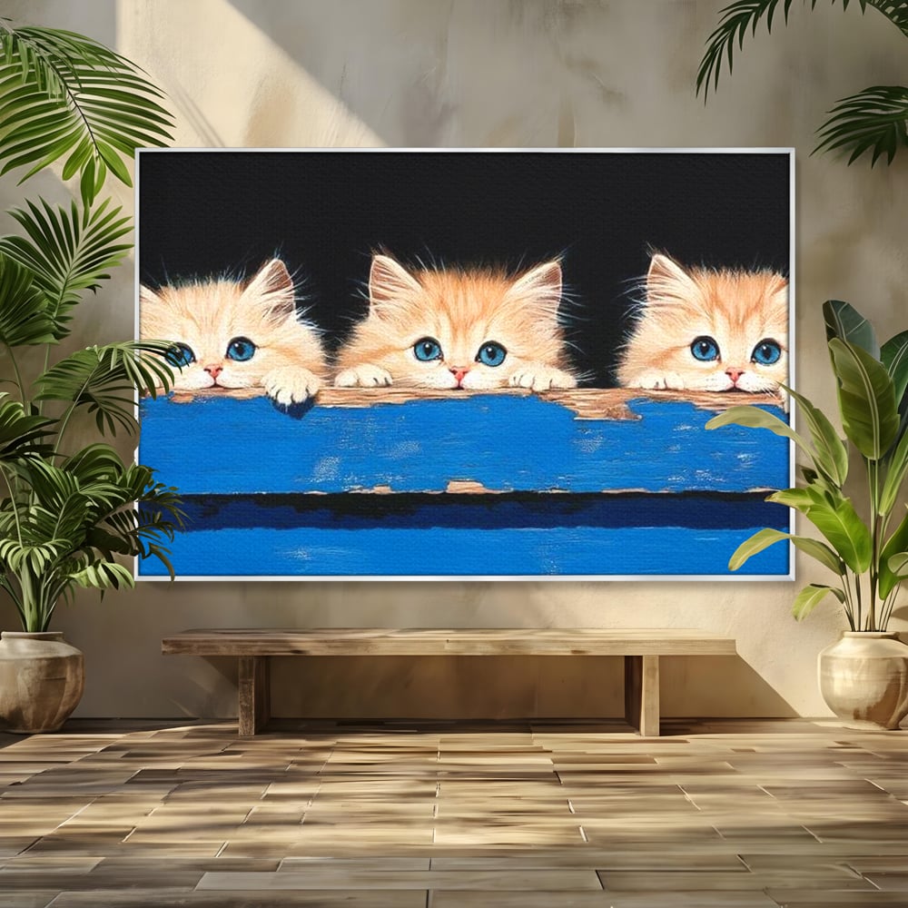 Tablou Canvas Premium, LuxCanva® M1234, Un Trio Curios, Pufosenii, Adorabil, Pisici, Curiozitate, Fratiori, Joaca, Copilarie, Blanosi, Lemn, Albastru, Birou, Living, Camera Copil