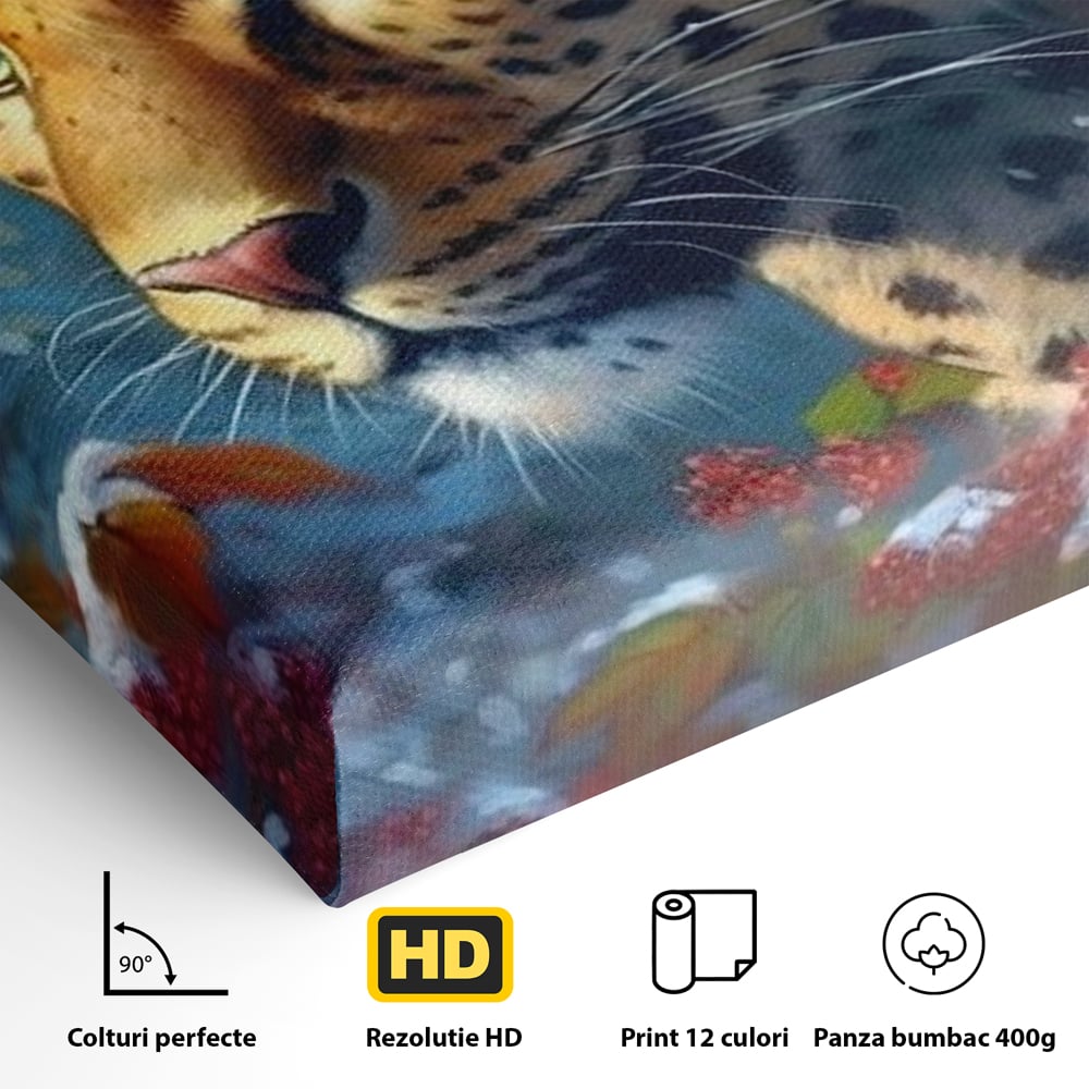 Tablou Canvas Premium, LuxCanva® M1235, Iarna in Salbaticie, Jaguar, Zapada, Vegetatie, Felina, Peisaj, Padure, Crengi, Portret, Anotimp, Iarna, Frig, Birou, Living, Camera Copil
