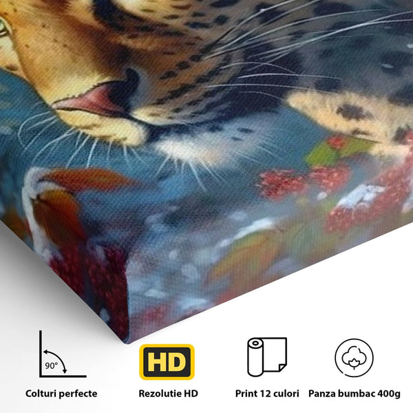Tablou Canvas Premium, LuxCanva® M1235, Iarna in Salbaticie, Jaguar, Zapada, Vegetatie, Felina, Peisaj, Padure, Crengi, Portret, Anotimp, Iarna, Frig, Birou, Living, Camera Copil