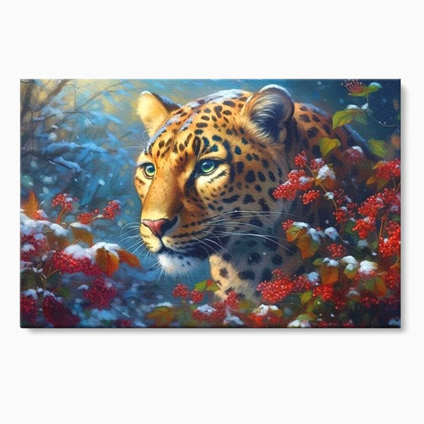 Tablou Canvas Premium, LuxCanva® M1235, Iarna in Salbaticie, Jaguar, Zapada, Vegetatie, Felina, Peisaj, Padure, Crengi, Portret, Anotimp, Iarna, Frig, Birou, Living, Camera Copil