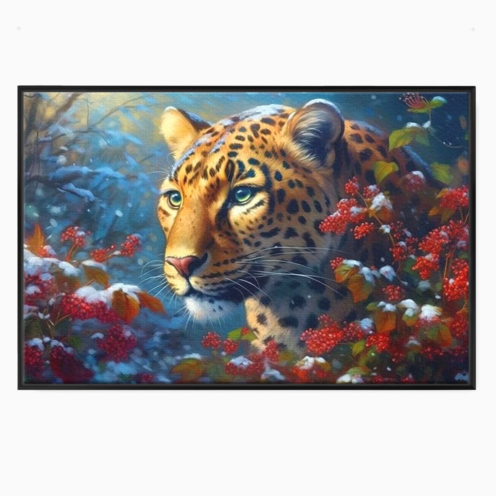 Tablou Canvas Premium, LuxCanva® M1235, Iarna in Salbaticie, Jaguar, Zapada, Vegetatie, Felina, Peisaj, Padure, Crengi, Portret, Anotimp, Iarna, Frig, Birou, Living, Camera Copil