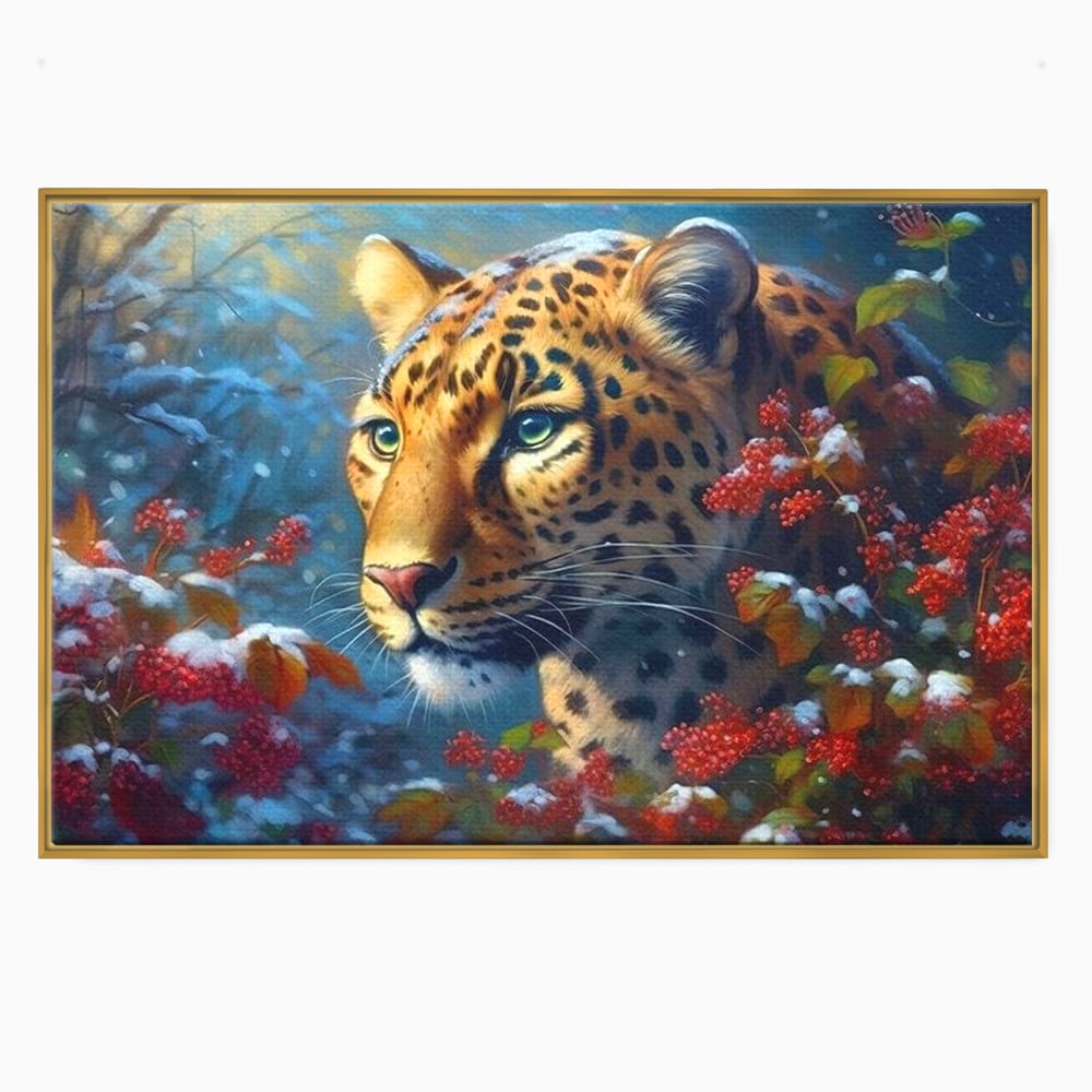 Tablou Canvas Premium, LuxCanva® M1235, Iarna in Salbaticie, Jaguar, Zapada, Vegetatie, Felina, Peisaj, Padure, Crengi, Portret, Anotimp, Iarna, Frig, Birou, Living, Camera Copil