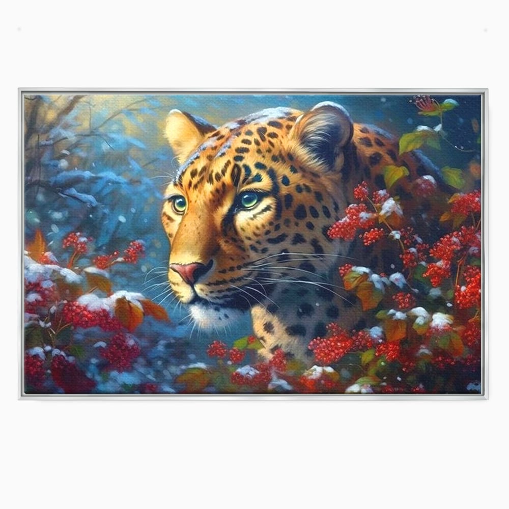 Tablou Canvas Premium, LuxCanva® M1235, Iarna in Salbaticie, Jaguar, Zapada, Vegetatie, Felina, Peisaj, Padure, Crengi, Portret, Anotimp, Iarna, Frig, Birou, Living, Camera Copil