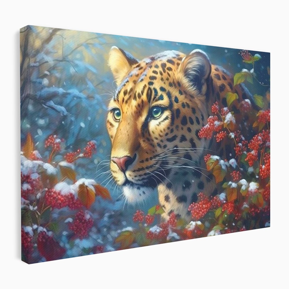 Tablou Canvas Premium, LuxCanva® M1235, Iarna in Salbaticie, Jaguar, Zapada, Vegetatie, Felina, Peisaj, Padure, Crengi, Portret, Anotimp, Iarna, Frig, Birou, Living, Camera Copil