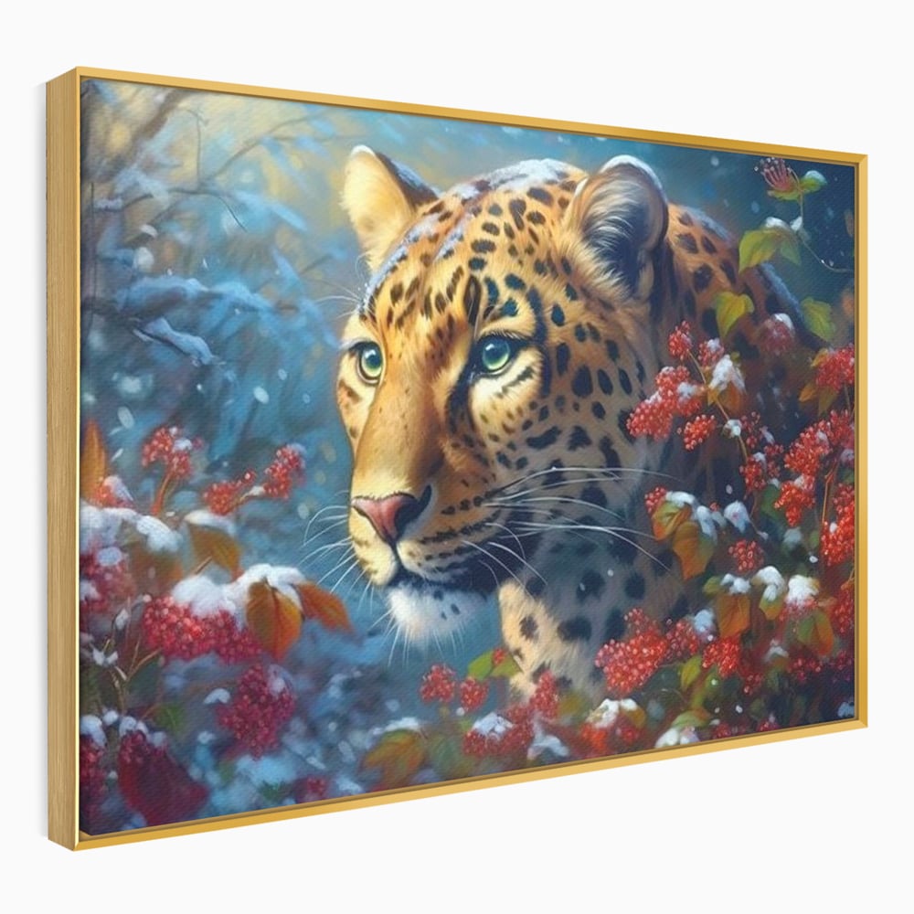 Tablou Canvas Premium, LuxCanva® M1235, Iarna in Salbaticie, Jaguar, Zapada, Vegetatie, Felina, Peisaj, Padure, Crengi, Portret, Anotimp, Iarna, Frig, Birou, Living, Camera Copil