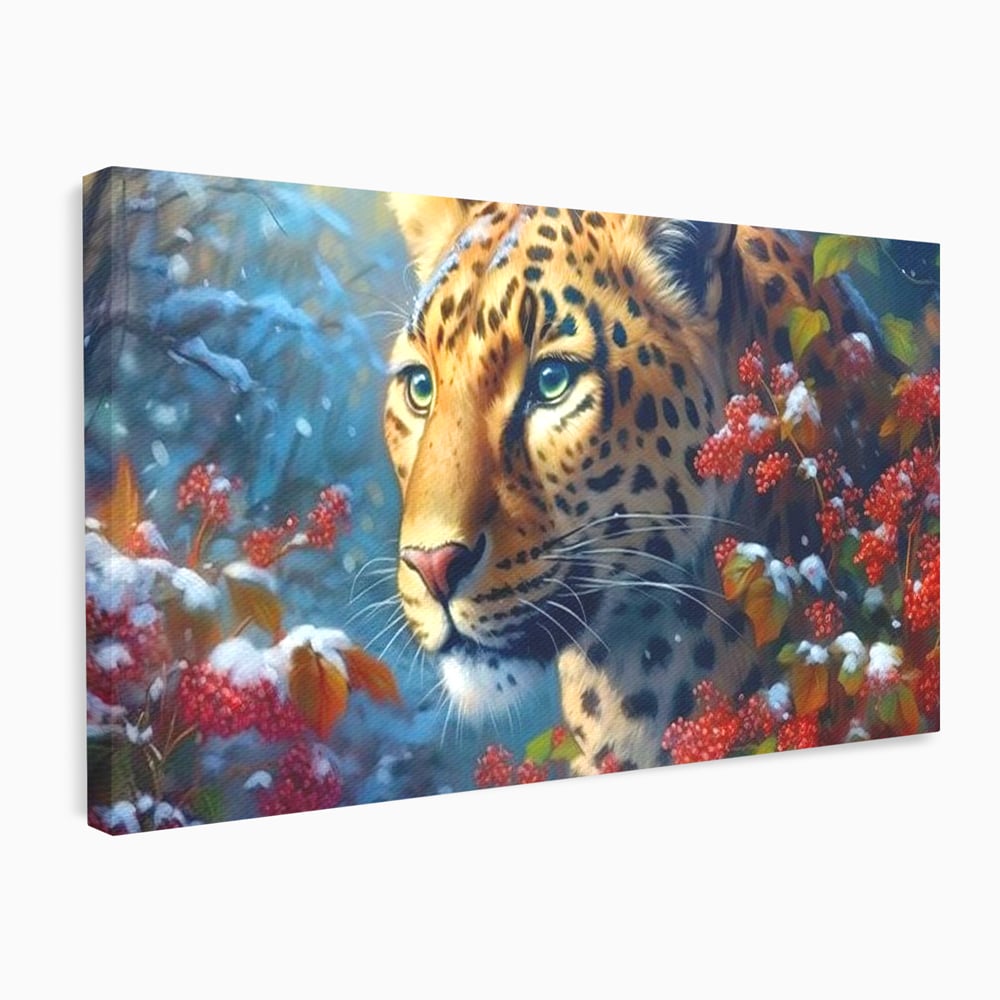 Tablou Canvas Premium, LuxCanva® M1235, Iarna in Salbaticie, Jaguar, Zapada, Vegetatie, Felina, Peisaj, Padure, Crengi, Portret, Anotimp, Iarna, Frig, Birou, Living, Camera Copil