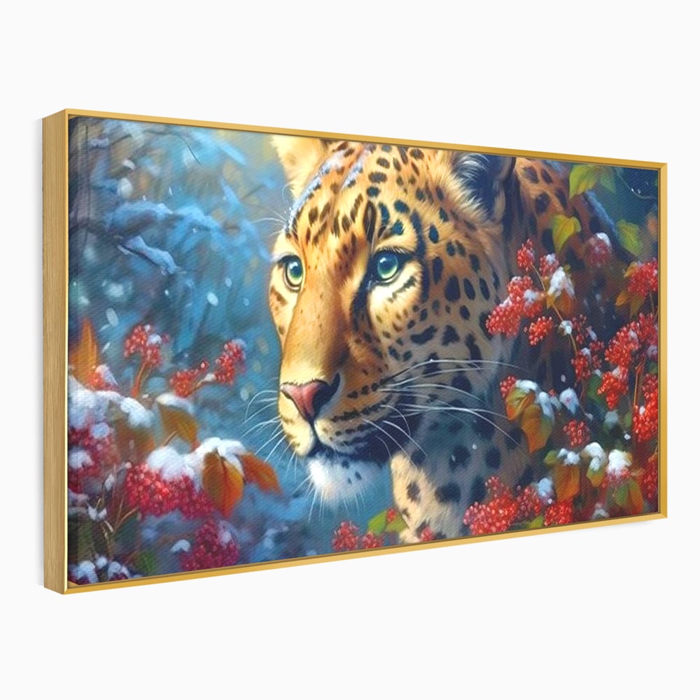 Tablou Canvas Premium, LuxCanva® M1235, Iarna in Salbaticie, Jaguar, Zapada, Vegetatie, Felina, Peisaj, Padure, Crengi, Portret, Anotimp, Iarna, Frig, Birou, Living, Camera Copil