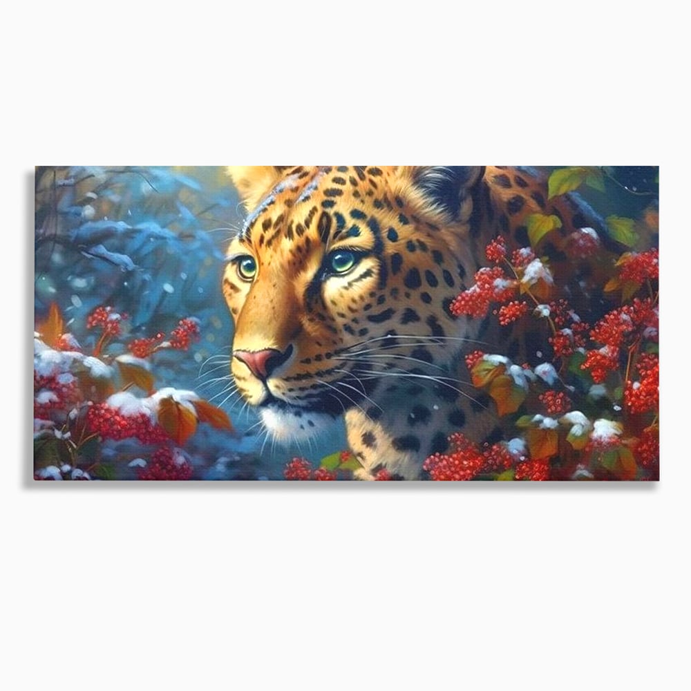 Tablou Canvas Premium, LuxCanva® M1235, Iarna in Salbaticie, Jaguar, Zapada, Vegetatie, Felina, Peisaj, Padure, Crengi, Portret, Anotimp, Iarna, Frig, Birou, Living, Camera Copil