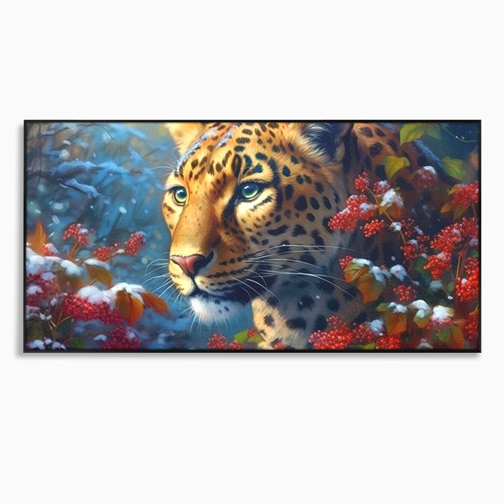 Tablou Canvas Premium, LuxCanva® M1235, Iarna in Salbaticie, Jaguar, Zapada, Vegetatie, Felina, Peisaj, Padure, Crengi, Portret, Anotimp, Iarna, Frig, Birou, Living, Camera Copil
