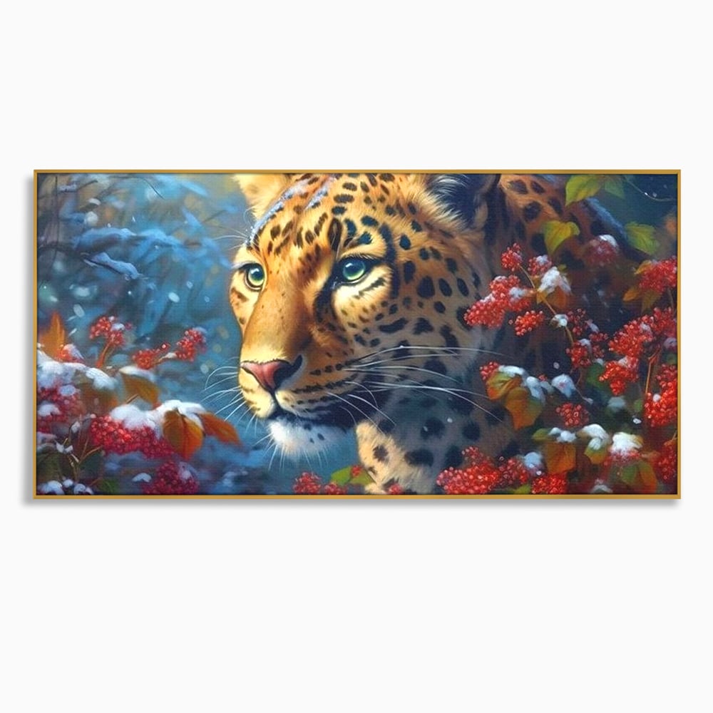 Tablou Canvas Premium, LuxCanva® M1235, Iarna in Salbaticie, Jaguar, Zapada, Vegetatie, Felina, Peisaj, Padure, Crengi, Portret, Anotimp, Iarna, Frig, Birou, Living, Camera Copil