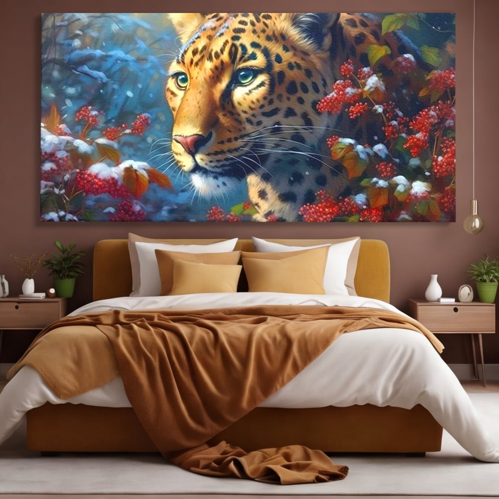 Tablou Canvas Premium, LuxCanva® M1235, Iarna in Salbaticie, Jaguar, Zapada, Vegetatie, Felina, Peisaj, Padure, Crengi, Portret, Anotimp, Iarna, Frig, Birou, Living, Camera Copil