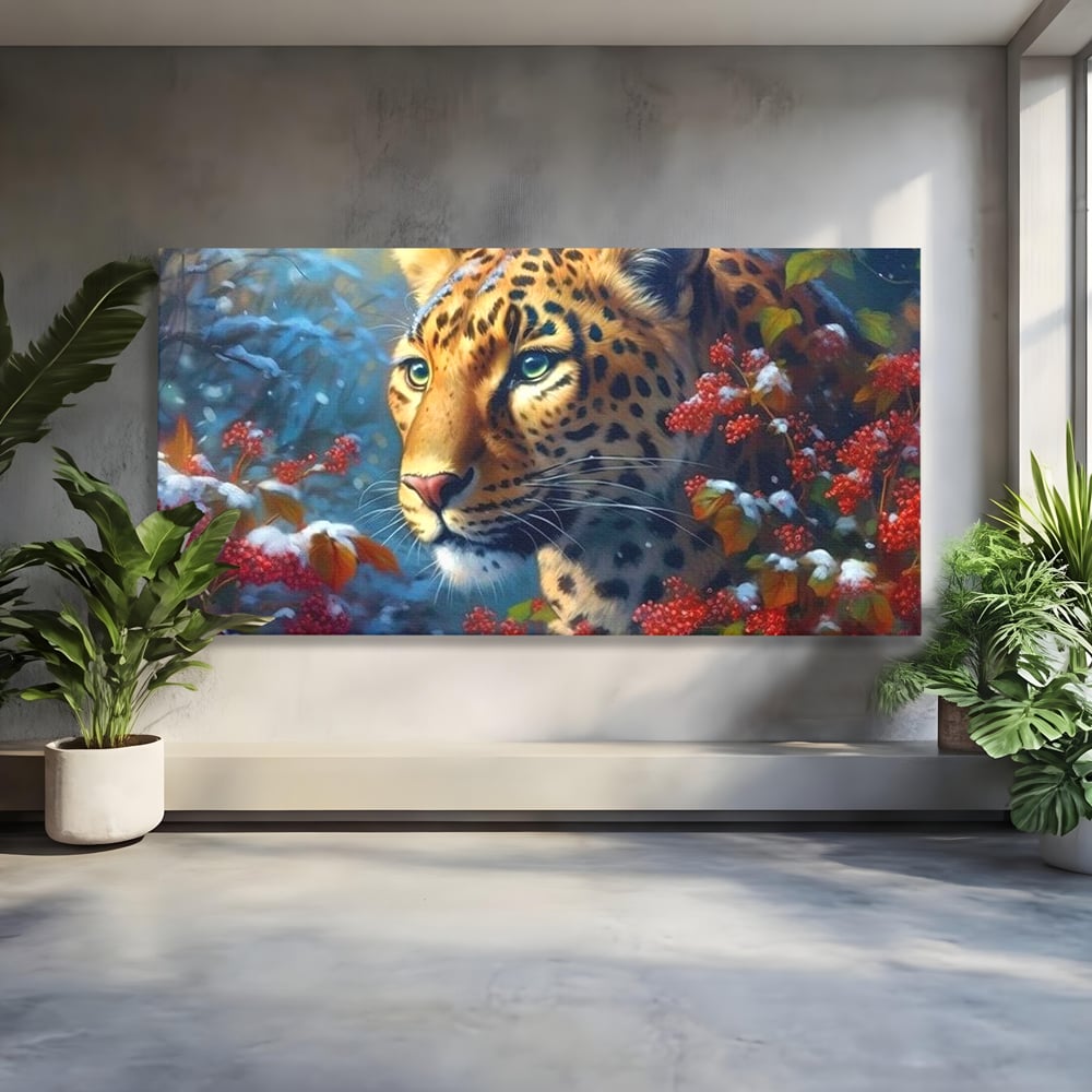 Tablou Canvas Premium, LuxCanva® M1235, Iarna in Salbaticie, Jaguar, Zapada, Vegetatie, Felina, Peisaj, Padure, Crengi, Portret, Anotimp, Iarna, Frig, Birou, Living, Camera Copil