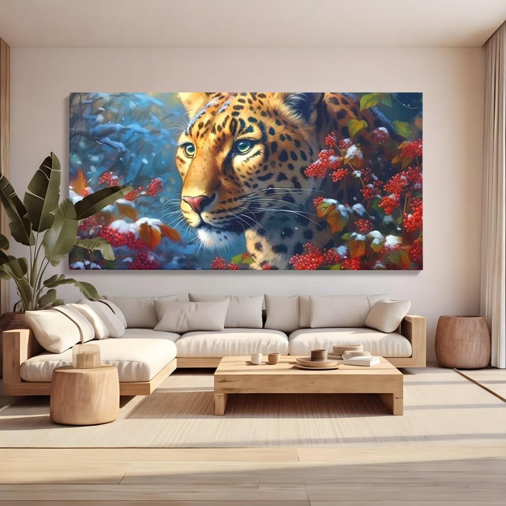 Tablou Canvas Premium, LuxCanva® M1235, Iarna in Salbaticie, Jaguar, Zapada, Vegetatie, Felina, Peisaj, Padure, Crengi, Portret, Anotimp, Iarna, Frig, Birou, Living, Camera Copil