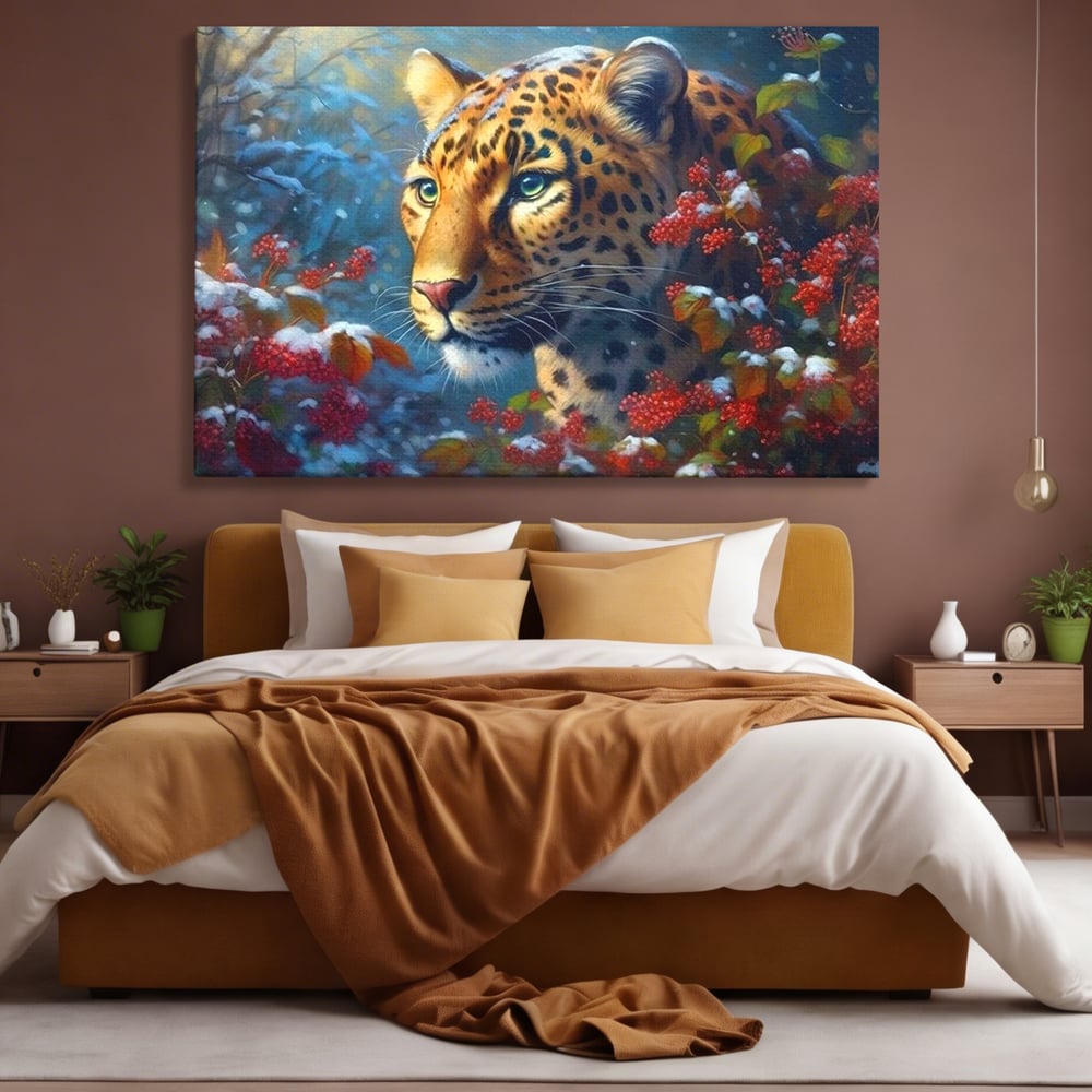 Tablou Canvas Premium, LuxCanva® M1235, Iarna in Salbaticie, Jaguar, Zapada, Vegetatie, Felina, Peisaj, Padure, Crengi, Portret, Anotimp, Iarna, Frig, Birou, Living, Camera Copil
