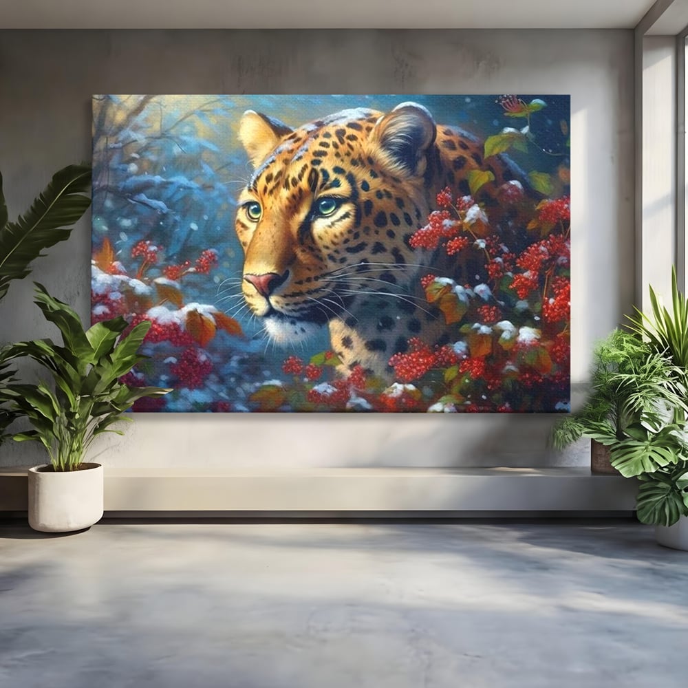 Tablou Canvas Premium, LuxCanva® M1235, Iarna in Salbaticie, Jaguar, Zapada, Vegetatie, Felina, Peisaj, Padure, Crengi, Portret, Anotimp, Iarna, Frig, Birou, Living, Camera Copil