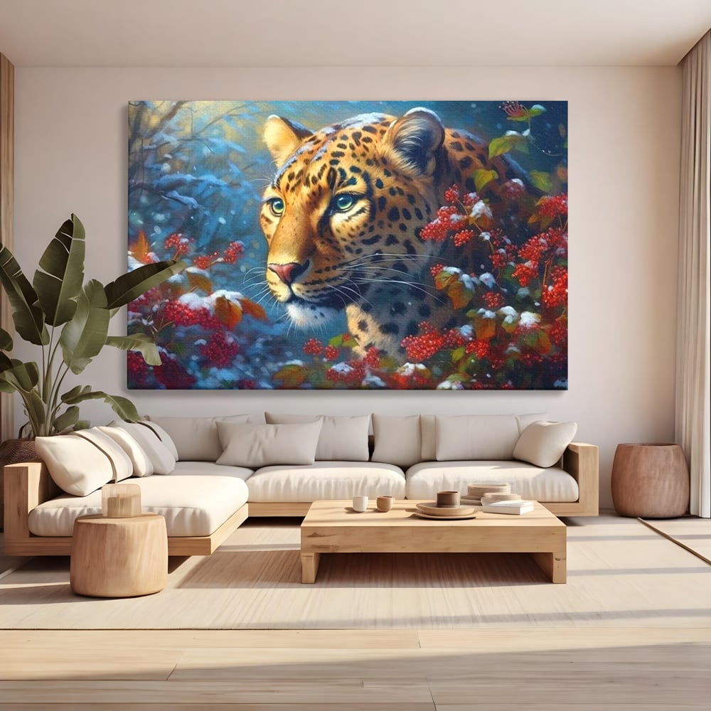 Tablou Canvas Premium, LuxCanva® M1235, Iarna in Salbaticie, Jaguar, Zapada, Vegetatie, Felina, Peisaj, Padure, Crengi, Portret, Anotimp, Iarna, Frig, Birou, Living, Camera Copil