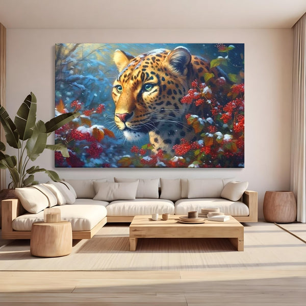 Tablou Canvas Premium, LuxCanva® M1235, Iarna in Salbaticie, Jaguar, Zapada, Vegetatie, Felina, Peisaj, Padure, Crengi, Portret, Anotimp, Iarna, Frig, Birou, Living, Camera Copil