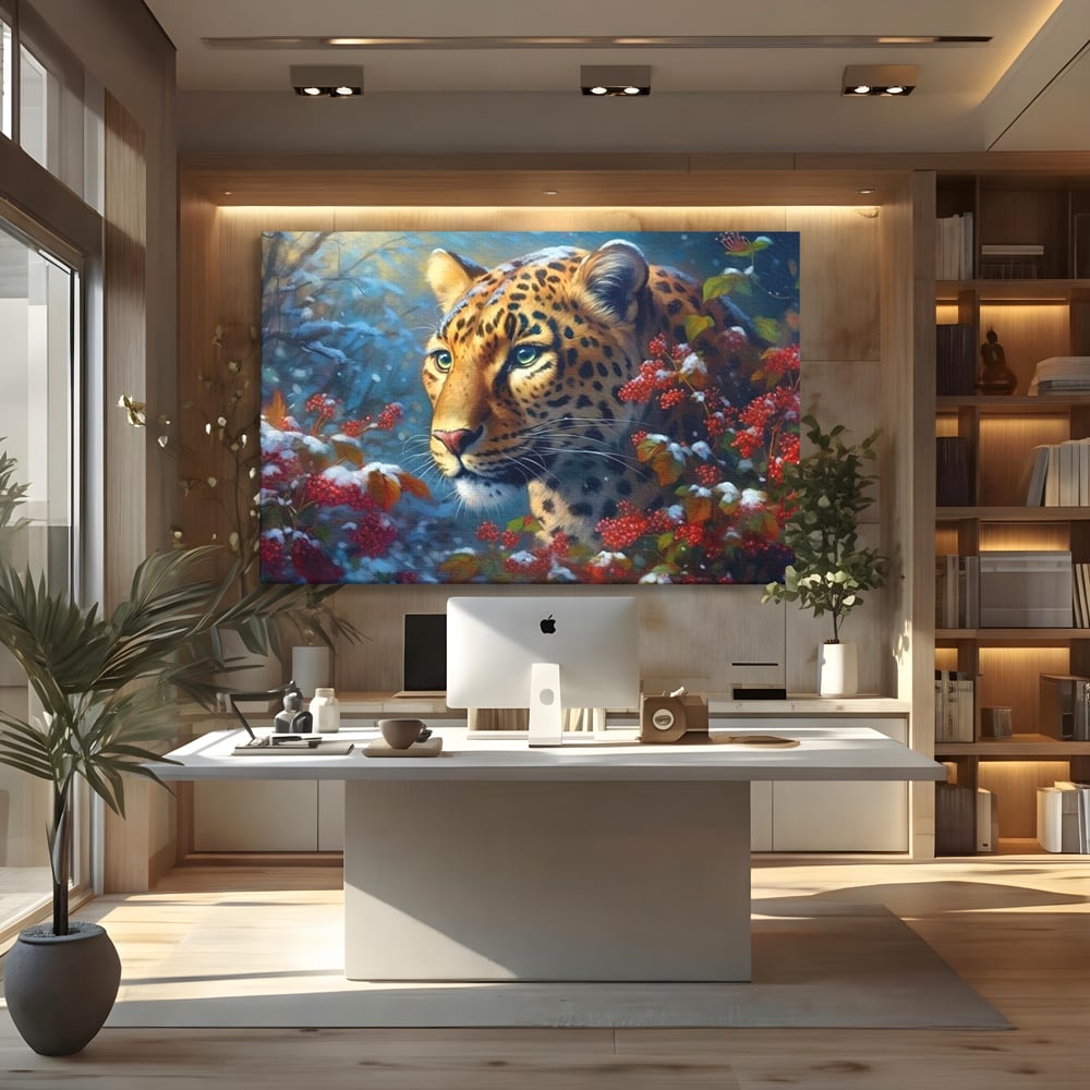 Tablou Canvas Premium, LuxCanva® M1235, Iarna in Salbaticie, Jaguar, Zapada, Vegetatie, Felina, Peisaj, Padure, Crengi, Portret, Anotimp, Iarna, Frig, Birou, Living, Camera Copil